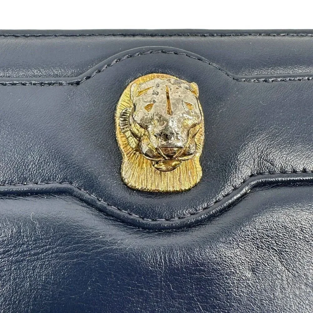 Ruth Saltz Clutch Handbag Vintage Leather Navy Blue Lion Classic Evening Purse